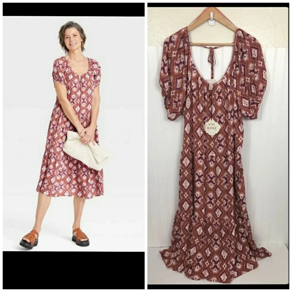 Women's Puff Short Sleeve Tiered A-Line Dress - Knox Rose, Cognac Paisle…